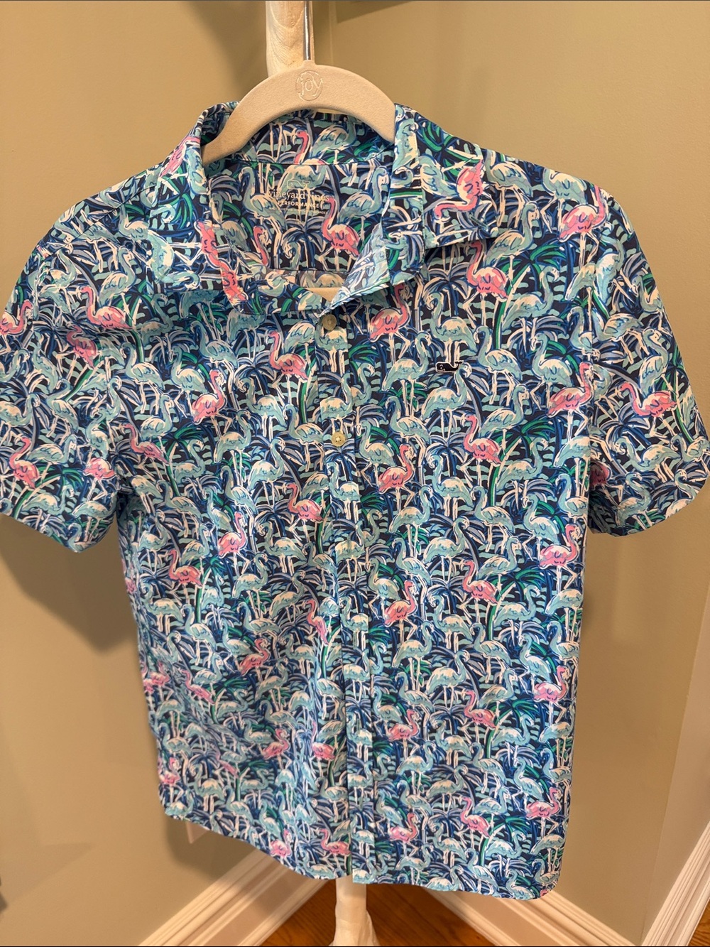 Vineyard Vines Blue Button-Down Shirt with Pink Flamingo Print